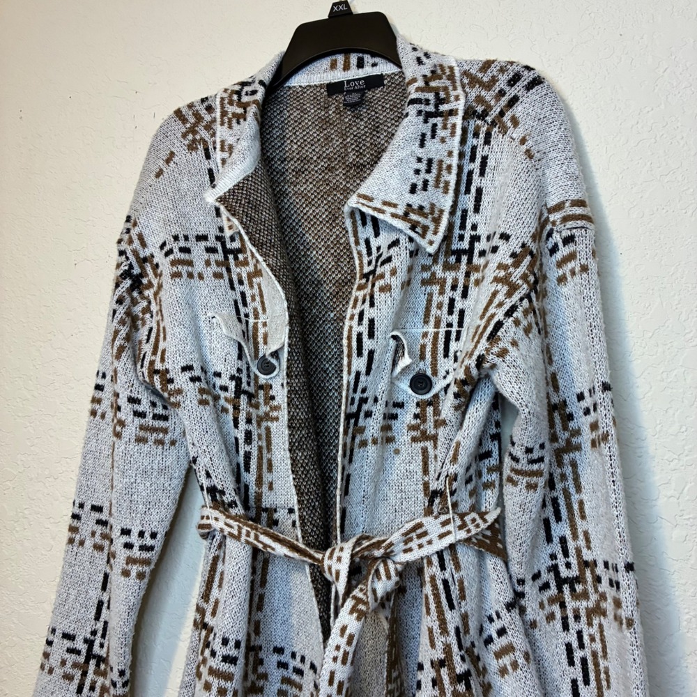 Love Ever After Cardigan Women XL Geometric Knit Duster Belted Wrap Sweater Cozy